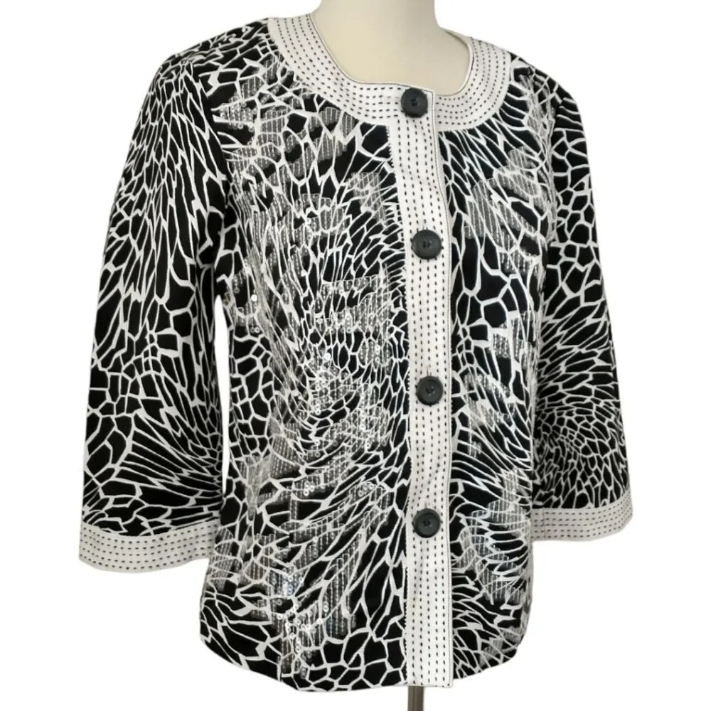 Chicos Floral Sequin Jacket S White Black Embellished 3/4 Sleeve Button‎ Front